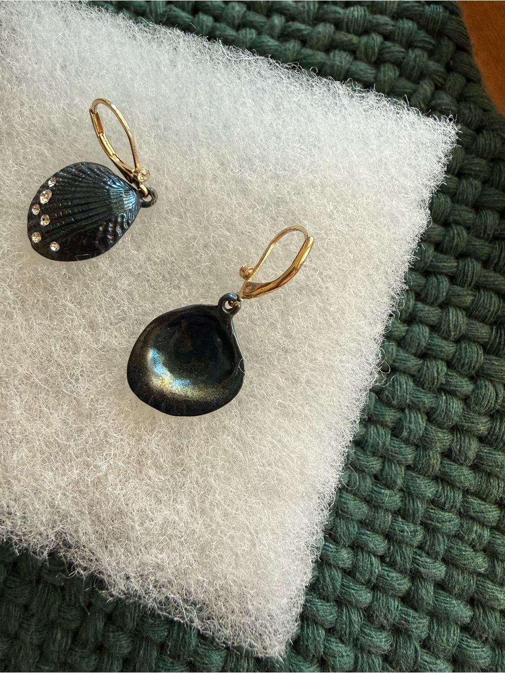 Dark Teal Shell Drop Earrings with Gold Accents - Picture 4 of 8